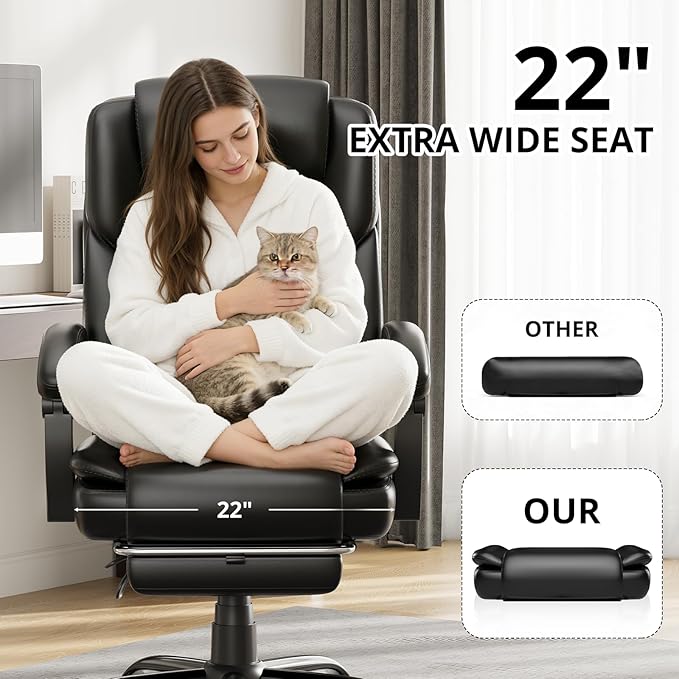 350lbs Big and Tall Executive Office Chair with Footrest, Reclining High Back Leather Desk Chair, Wide Seat with Pocket Spring Lumbar Support and Pillow, Ergonomic Computer Chair for Home Office Black