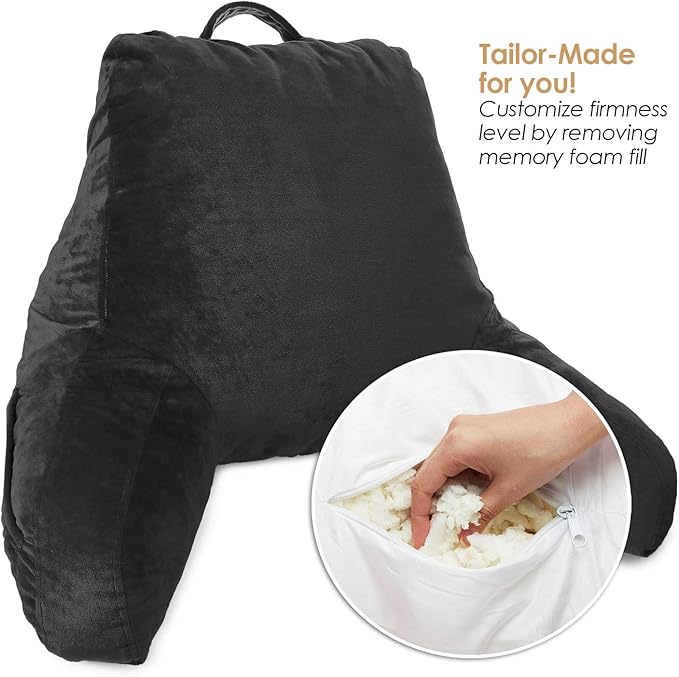 Clara Clark Reading Pillow with Shredded Memory Foam for Sitting Up in Bed and Couch, Back and Arms Adjustable Support for Adults & Teens Backrest Pillows for Reading, with Washable Cover Black