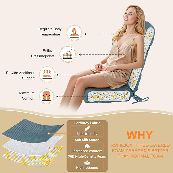 Rocking Chair Cushion - Corduroy Fabric, High-Density Sponge, Durable Comfort Non-Slip Bottom Tufted Seat Pads with Ties, Corduroy︱Blue, 44x19x4 inch