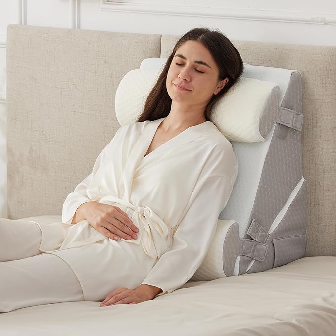 Ruqmuis 4PCS Wedge Pillow Set for After Surgery, Adjustable 9&12 Inch Bed Wedge Pillow for Sleeping, Incline Pillow Wedge for Headboard, Post Surgery, Acid Reflux, Neck&Back Support, White/Grey