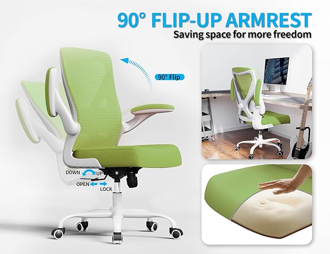 Office Chair Ergonomic Desk Chair Comfy: 330LBS Mesh Computer Chair Ergonomic Gaming Chairs with Wheels Adjustable Lumbar Support and Flip up Armrest-Swivel Executive Chairs Long Hours(Green)