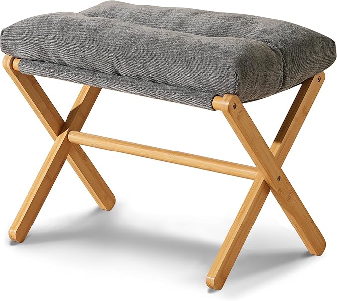 Baveke Folding Upholstered Footrest Stool, Small Accent Ottoman with Thick Cotton Cushion & Bamboo X Legs, Modern Padded Sofa Stool for Makeup Bedroom Living Room, Grey