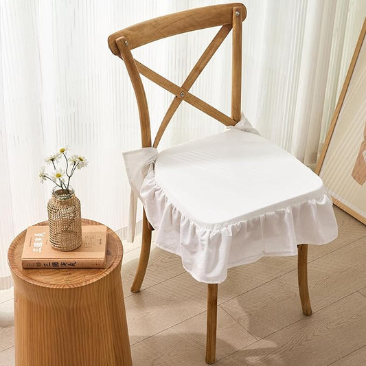 vctops Cotton Ruffled Chair Cushion for Kitchen Dining Room Chairs Farmhouse Neutral Thin Seat Cushion Soft Foam Non Slip Chair Pad with Removable Cover (White,16"x16")