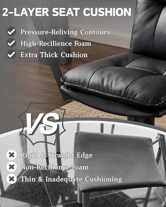 Karl home Faux Leather Office Chair with Removable Armrests, Adjustable Height & 360° Swivel, Tufted Thick Cushion Computer Desk Chair with Lumbar Support for Living Room, Vanity, Black