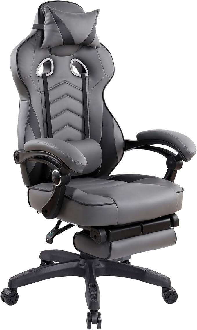 Executive Office or Gaming Chair with Footrest, Padded PU Leather Office Chair with 150-Degree Recline, Lumbar Support & Headrest Pillow, Grey