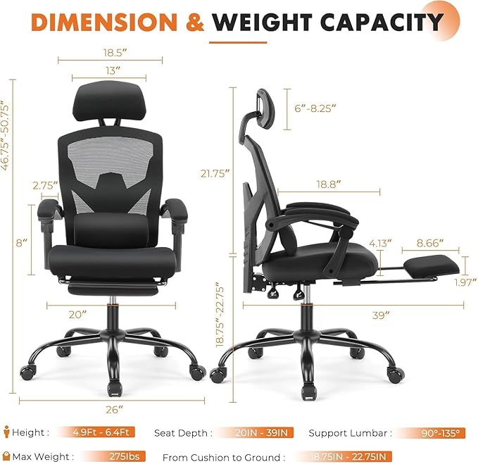 Simple Deluxe Home Office Desk Chair with Footrest, High-Back Mesh Rolling Swivel Reclining Chairs with Wheels, Comfortable Headrest, Lumbar Support, Comfy Arms