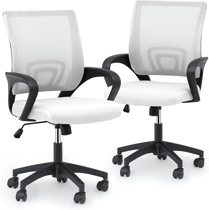 MoNiBloom Mesh Office Chair Set of 2, Ergonomic Computer Chair for Adults, Rolling Swivel Mid-Back Desk Chair with Lumbar Support, Comfy Armrest for Home Office, Gaming, White
