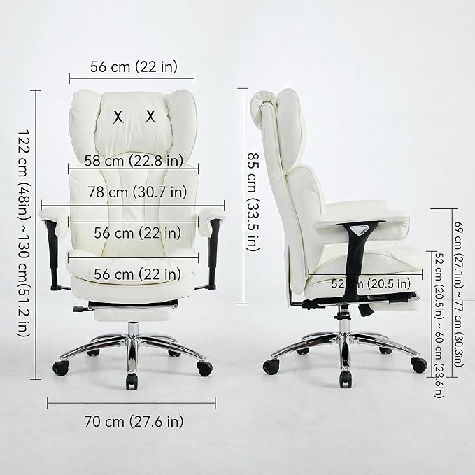 Efomao Big & Tall Executive Office Chair with Footrest - 400lbs Heavy Duty High Back PU Leather Desk Chair, Modern Ergonomic Reclining Computer Chair, White