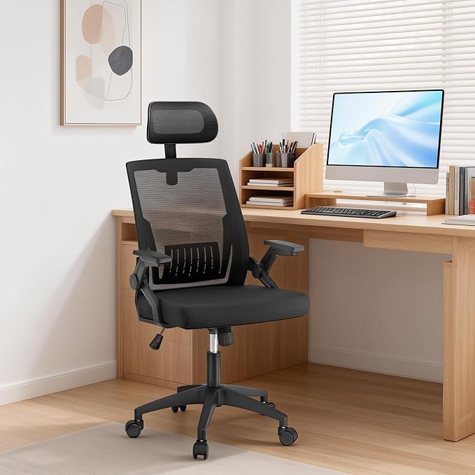 MoNiBloom High Back Mesh Office Chair with Adjustable Headrest, Flip-Up & Sliding Armrests, 18–22" Adjustable Seat Height, Ergonomic Desk Chair with Rocking Function, for Home Office, Black