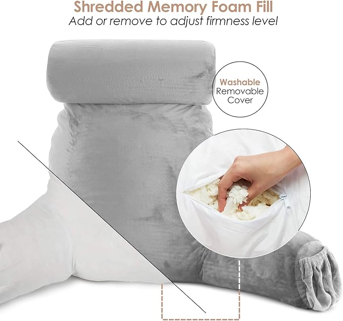 Clara Clark Reading Pillow with Shredded Memory Foam Includes 2 Neck and Lumber Support Pillows, Designed for Sitting Up in Bed and Couch Back and Arms Adjustable Support for Adults & Teens Light Grey