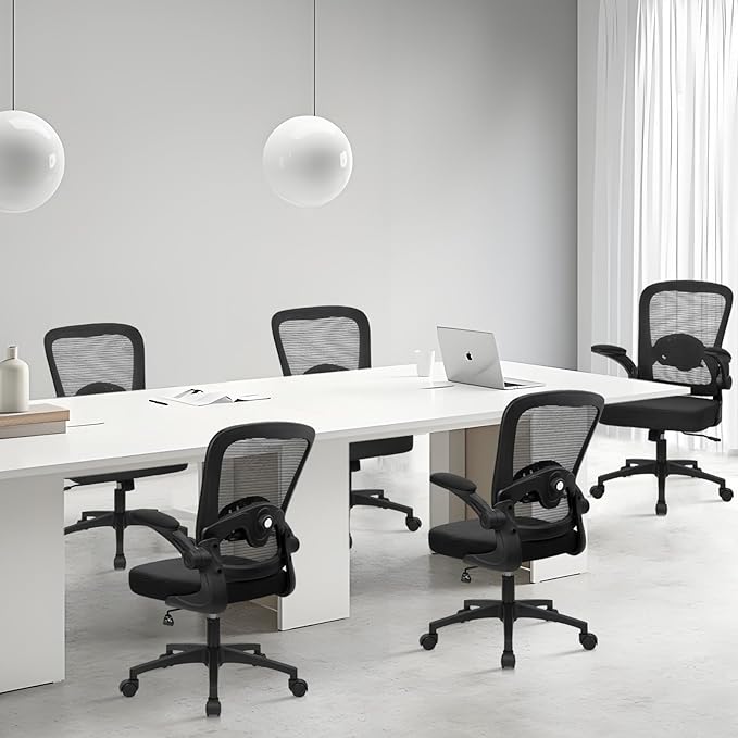 KLASIKA Desk Chairs with Wheels, Ergonomic Mesh Back Home Office Chair Adjustable Lumbar Support & Height Swivel Rolling Computer Task Chairs with Flip Up Armrests for Conference Meeting, Black, 16PK
