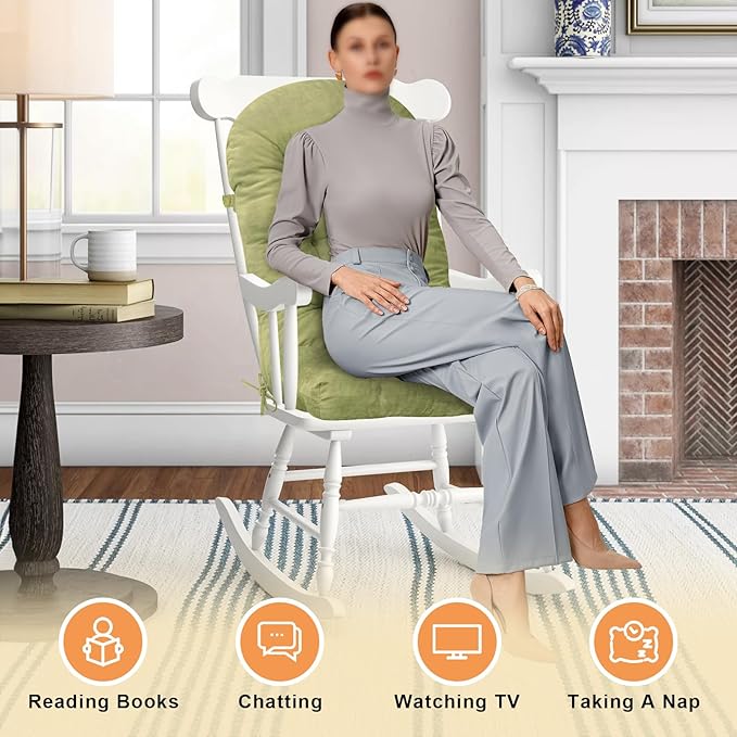 Rocking Chair Cushion - Chenille Fabric, High-Density Sponge, Durable Comfort Non-Slip Bottom Tufted Seat Pads with Ties, Chenille︱Avocado Green, 44x19x4 inch