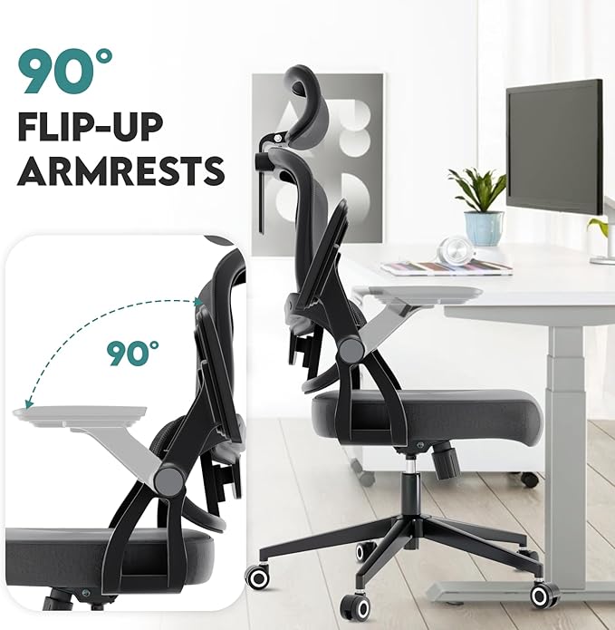 350 LBS Ergonomic Office Computer Mesh Chair - Adjustable Height Rolling Desk Chair with Flip-Up Armrests & High Back Support - Comfortable Swivel Task Chair for Home Office (01GREY)