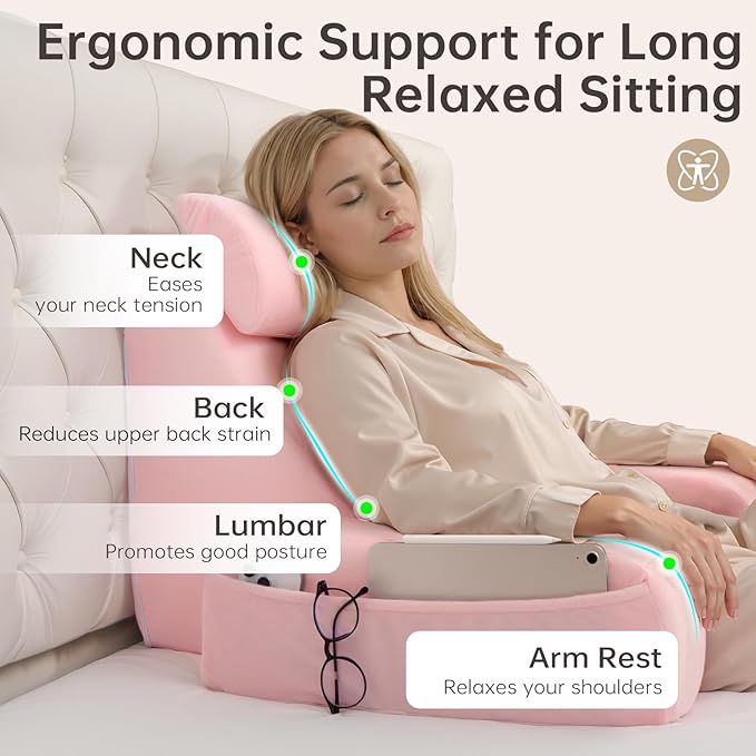 ENITYA 19" Back Support Pillow,Reading Pillow with Built-in Arms & Large Pockets, Removable Washable Cover, Wedge for Sitting,Reclining,Watching TV,Post Surgery in Bed,Couch or Floor,Medium Firm,Pink