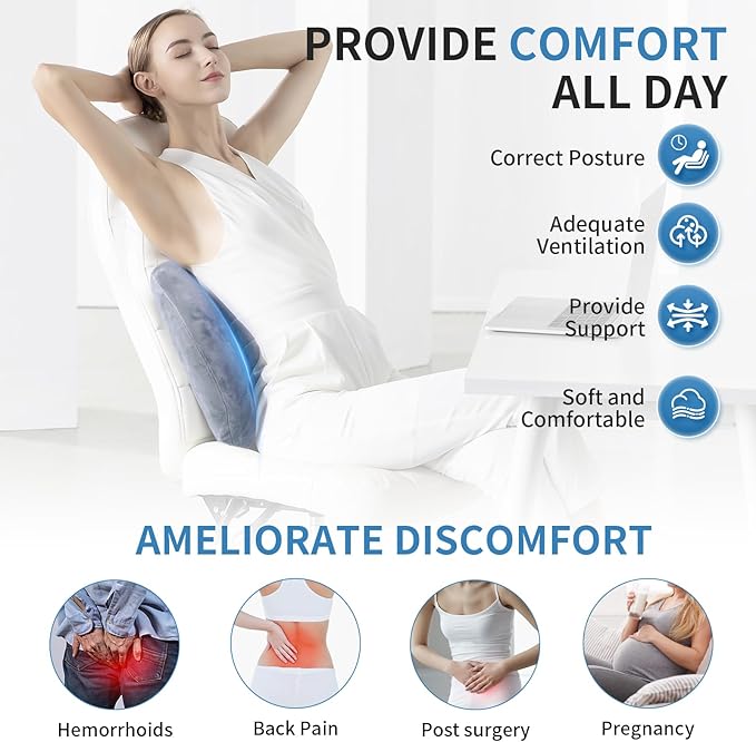 Lumbar Support Pillow for Car, Office Chair, and Gaming, Memory Foam Back Support Cushion for Lower Back Pain Relief, Ergonomic Design with Breathable Crystal Velvet Cover, Grey