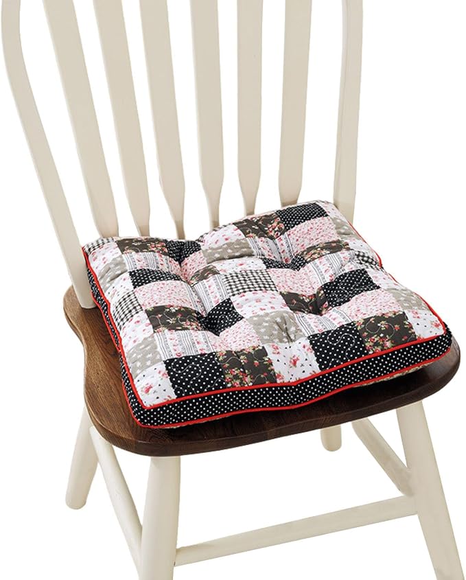 Boho Cotton Quilted Chair Cushion for Dining Chairs Non Slip Soft Comfortable Chair Pads with Ties Patchwork Printed Seat Cushion for Kitchen Chairs Office Chairs (Black,16"x16")