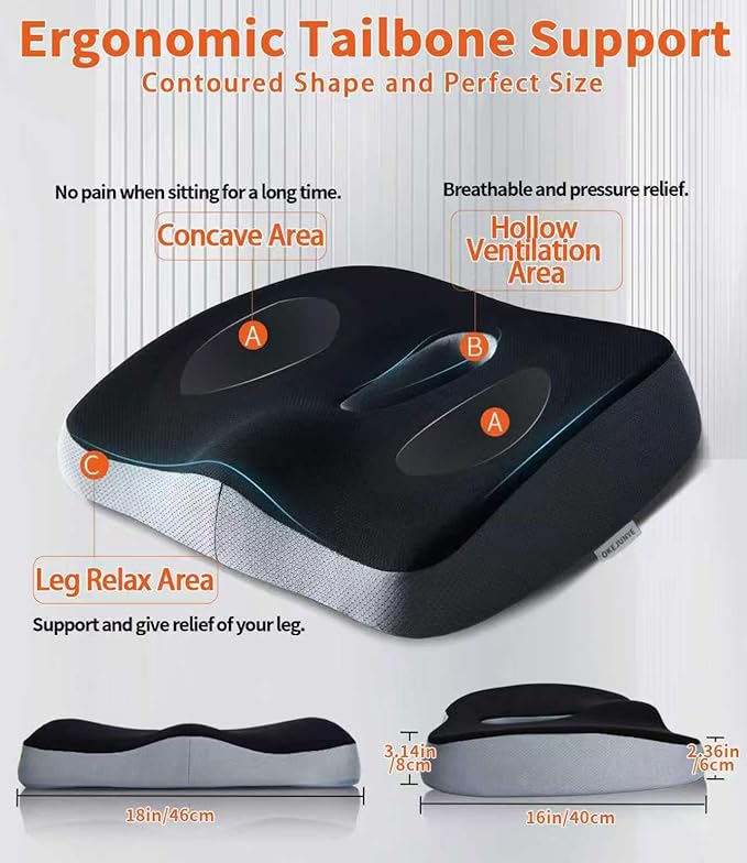 Memory Foam Seat Cushion, Large Office Chair Cushions Chair Pad for Tailbone Sciatica Coccyx Lower Back Pain Relief, Orthopedic Butt Pillow for Desk Chair Car Wheelchair Long Sitting (Black)