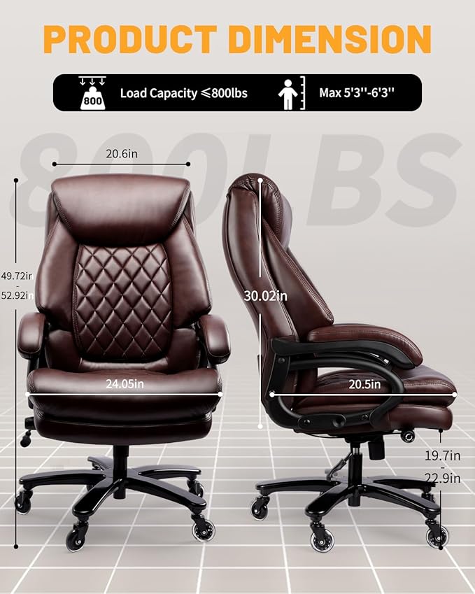 Big and Tall Executive Office Chair with Adjustable Lumbar Support, Extra Wide Seat, Heavy Duty Computer Desk Chair for Long Working Hours, Gaming & Home Office, Quiet Rolling Wheels