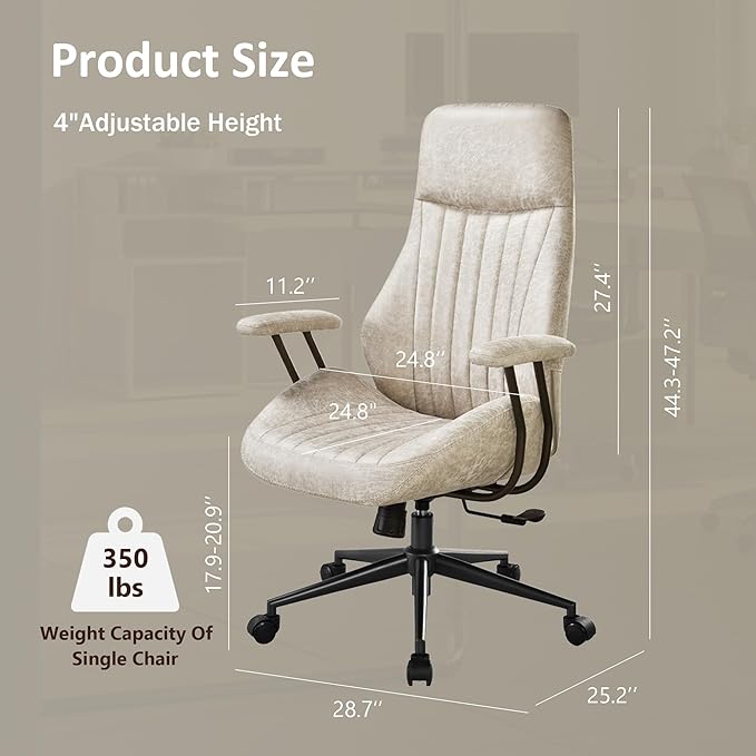 High Back Home Office Chair, Mid Century Vintage Executive Chair,Comfy Ergonomic Rolling Office Task Chair with Lumbar Support, Faux Leather Office Chair,Beige