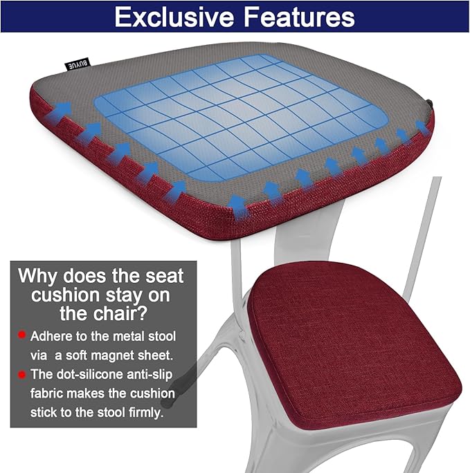 BUYUE Friendly Woven Fabric 14x14 Magnetic Cushions for Metal Chair Set of 4, Enhanced Anti-Slip Seat Pads for Dining Kitchen Café Stackable Chairs (U-Shape, Red, 4 Counts)