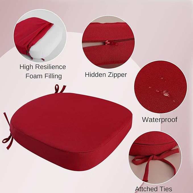 idee-home Outdoor Chair Cushions Set of 2, 17" x 17" Thick D-Shaped Patio Furniture Outdoor Seat Cushions Waterproof with Ties, Dining Pads