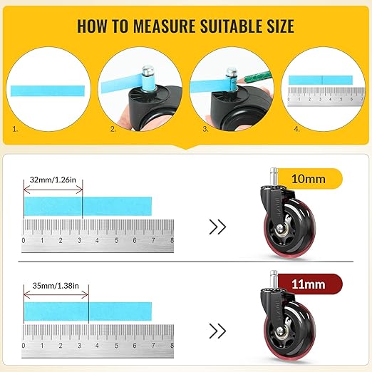 HOLKIE Gaming Chair Wheels - Silent Roller Blade Casters for Esports Rig Replacement - Heavy Duty 11x22mm - Smooth 360° Stealth Glide for Hardwood & Carpet - Set of 5 Red