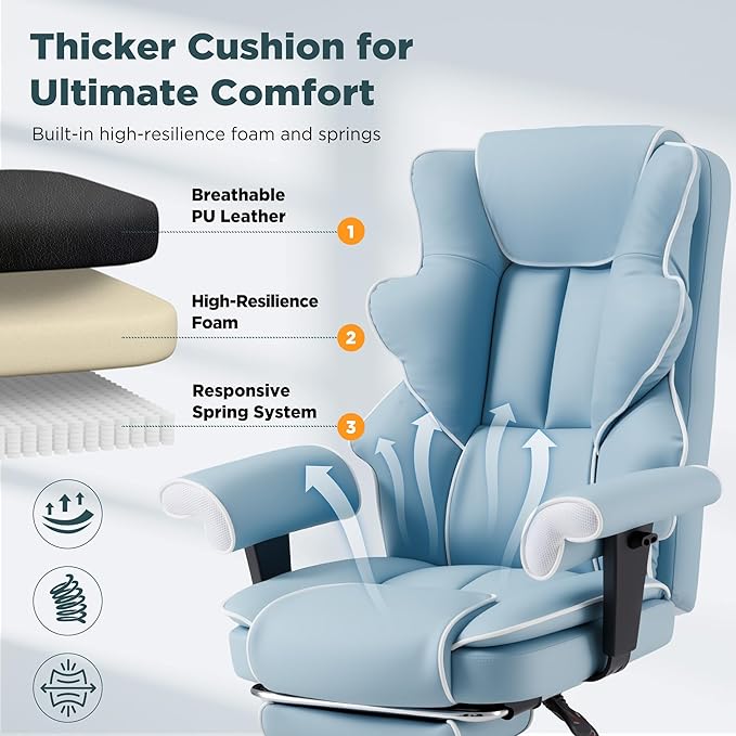 HOMREST Ergonomic Executive Office Chair with 6-Point Vibration & Heat - Reclining Managerial Chair with Adjustable Footrest and Armrests,Big and Tall Leather Home Office Desk Chairs(Airy Blue)