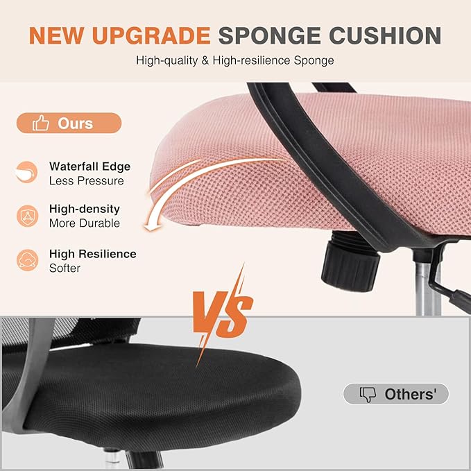 Sweetcrispy Home Office Managerial Executive Chair, Ergonomic Mesh Adjustable Swivel Mid-Back Computer Desk Chair with Comfortable Lumbar Support, Comfy Arms for Bedroom,Study, Blak&Pink