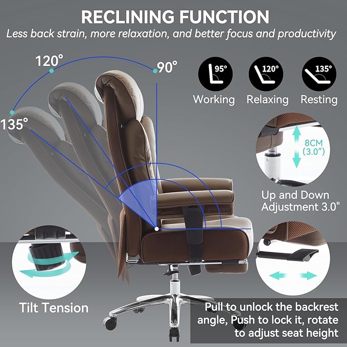 Efomao Big and Tall Office Chair with Footrest, 450lbs High Back Executive Chair with Spring Cushion, PU Leather Upholstery, Padded Armrests, Swivel Base, and Rolling Wheels – Brown Computer Chair