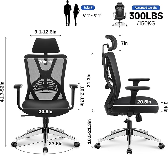 Ticova Ergonomic Office Chair - High Back Desk Chair with Adjustable Lumbar Support, Headrest & 3D Armrest - 130°Rocking Mesh Computer Chair