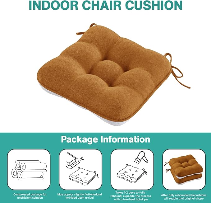BETU Chair Cushions for Dining Chairs Set of 2,3.5" Thick Kitchen Table Chair Pads with Ties,Non Slip Backing and Covers, Seat Cushion for Dining Room,Bar,Patio Chairs,15.5"X15.5"X3.5",Caramel