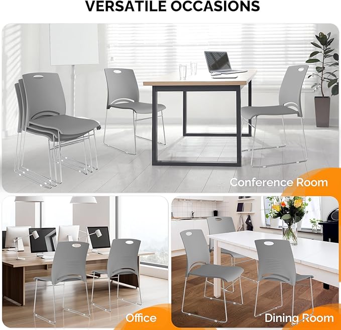 VINGLI Stacking Chairs Set of 8 Stackable Office Chairs with Metal Sled Base, Ergonomic Plastic Seat, Stacking Chairs for Waiting Room Break Room Banquet Guest, Grey