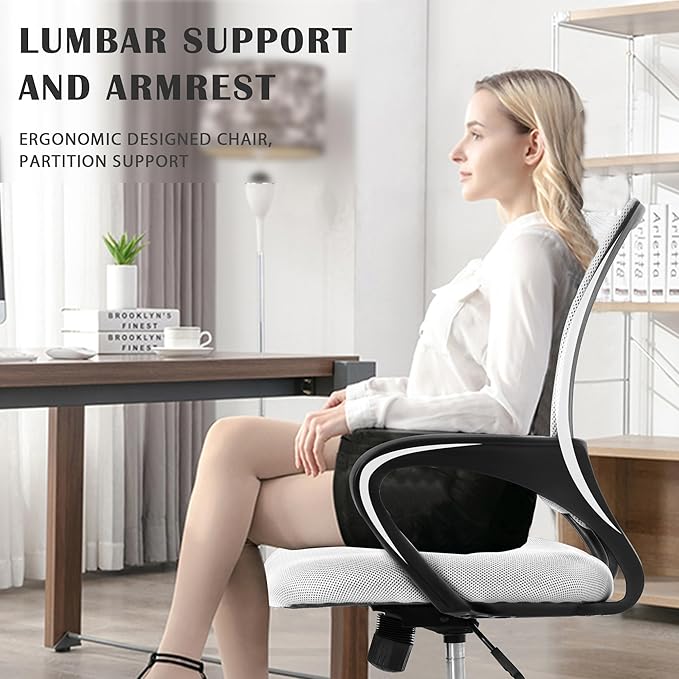 MKDLUFEI Office Chair, Ergonomic Cheap Desk Chair with Lumbar Support, Adjustable Mid Back Task Rolling Swivel for Home Office Student, Adults,Study, White