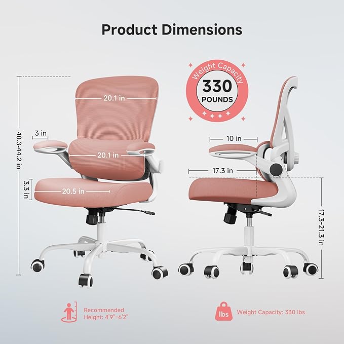 Mesh Office Chair, 330LBS Ergonomic Desk Chair with Adjustable Lumbar Support, Executive Computer Chairs for Home Office, Pink