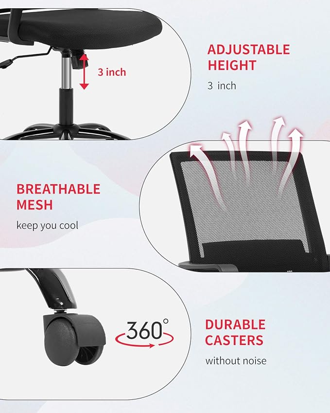 FDW Office Chair Ergonomic Desk Task Chair Mesh Computer Chair Mid-Back Mesh Home Office Swivel Chair Modern Executive Chair with Wheels Armrests Lumbar Support, Black