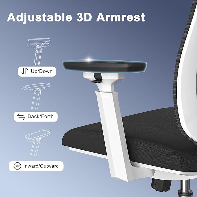 Logicfox Ergonomic Mesh Office Chair, Computer Desk Chair with 3D Armrests, Adjustable Lumbar Cushion and Adjustable Headrest, White High Back Home Office Chair with Tilt Function, Computer Chair