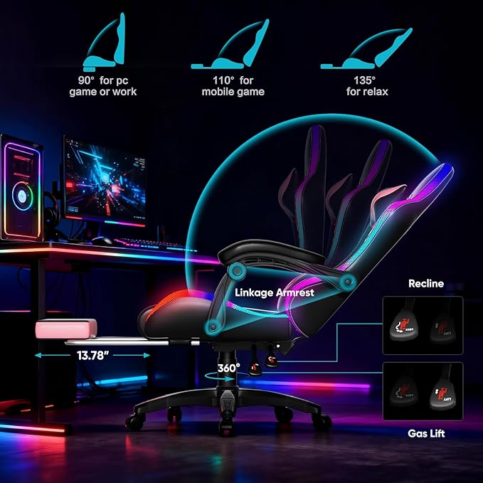 Czlolo Gaming Chair, Racing Style RGB LED Lights Gaming Chairs for Adults and Kids, Lumbar Massager Gamer Chair, High Back Reclining Computer Chair with Footrest and Headrest (Black/Pink)