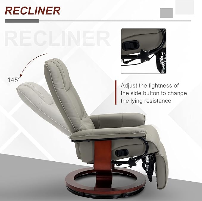 HOMCOM Swivel Recliner Chair, PU Leather Reclining Armchair with Retractable Footrest, Lounge Chair with Wood Base and Adjustable High Back for Small Spaces, Living Room, RV, Bedroom, Gray