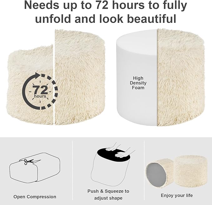 Hansleep Round Stuffed Pouf Ottoman 17 x 14, Foam Filled Faux Fur Ottoman Foot Rest for Chair with Washable Cover, Foot Stools Under Desk for Living Room & Bedroom, Beige