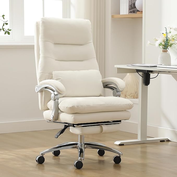 Office Chair with Foot Rest - High Back Executive Chair with Padded Linkage Armrests, Reclining Desk Chair with Wheels, Comfy Chair with Double Thick Cushion (Cream White)