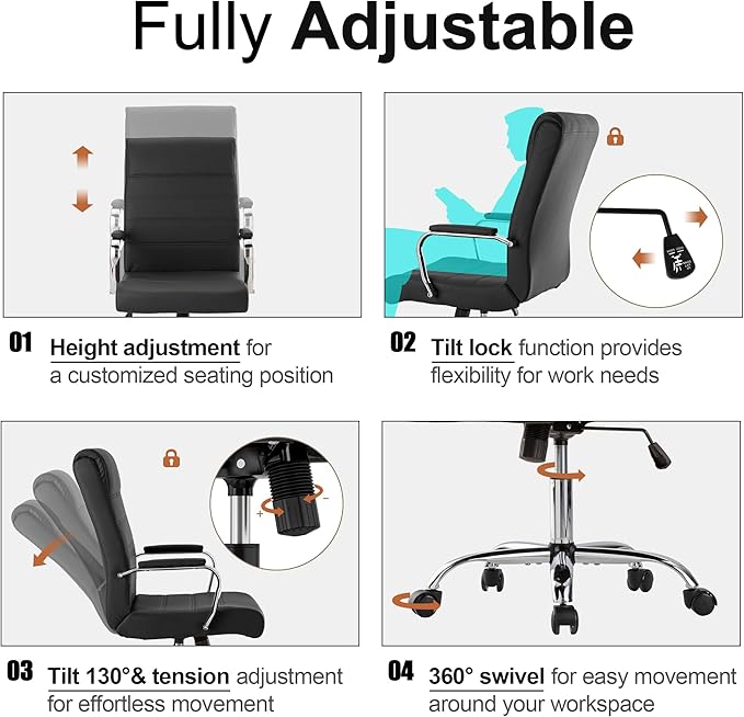 Office Desk Chair,Modern Leather Conference Room Chairs,High Back Ergonomic Home ofiice Chair,Adjustable Height Swivel Executive Computer Chair with Armrest and Padded Seat（Black）