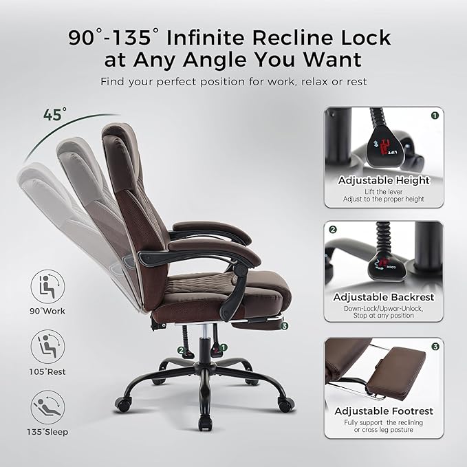 amseatec Office Chair, Big and Tall Office Chair with Foot Rest Ergonomic Desk Chairs Reclining High Back Leather Chairs with Lumbar Support(Brown)