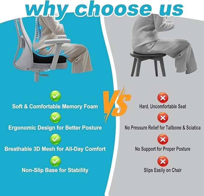 Memory Foam Seat Cushion for Sciatica & Tailbone Pain Relief – Ergonomic Office Chair Cushion, Coccyx Cushion for Tailbone Pain, Sciatica Pain Relief Pillow for Office, Car