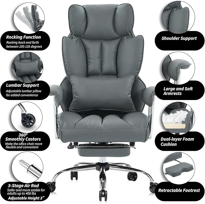 Efomao Big and Tall Office Chair 400lbs – High Back Executive Chair with Swivel Base, PU Leather Upholstery, Lumbar Pillow, Padded Armrests, and Rolling Wheels，Dark Grey Computer Chair