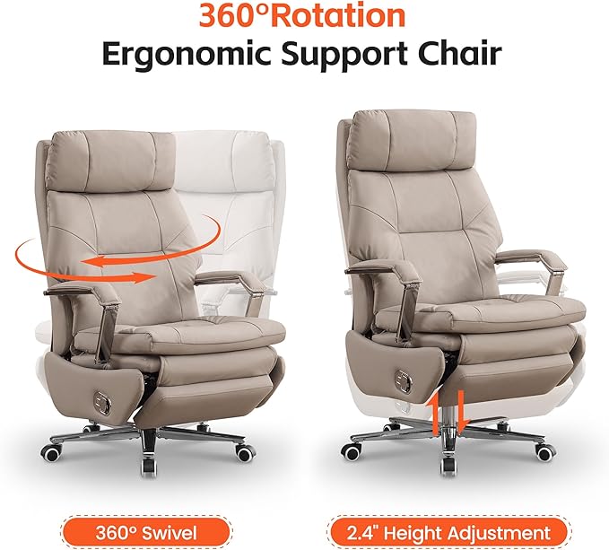 Big and Tall Executive Office Chairs with Footrest, Ergonomic 360° Swivel Desk Chair High Back Recliner, Manual 150° Reclining Computer Gaming Chair with Wheels for Home Office Faux Leather, Khaki