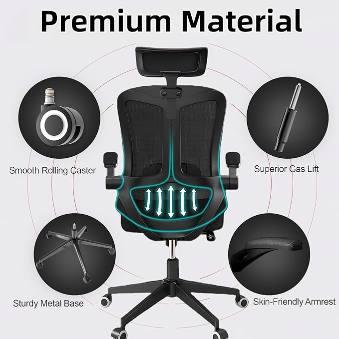 Ergonomic Office Chair - 350LB Comfy Desk Chairs with Adjustable Headrest and Lumbar Back Support, Mesh Computer Chairs with Wheels and Arms for Home Office, Study (Black-with Headrest)