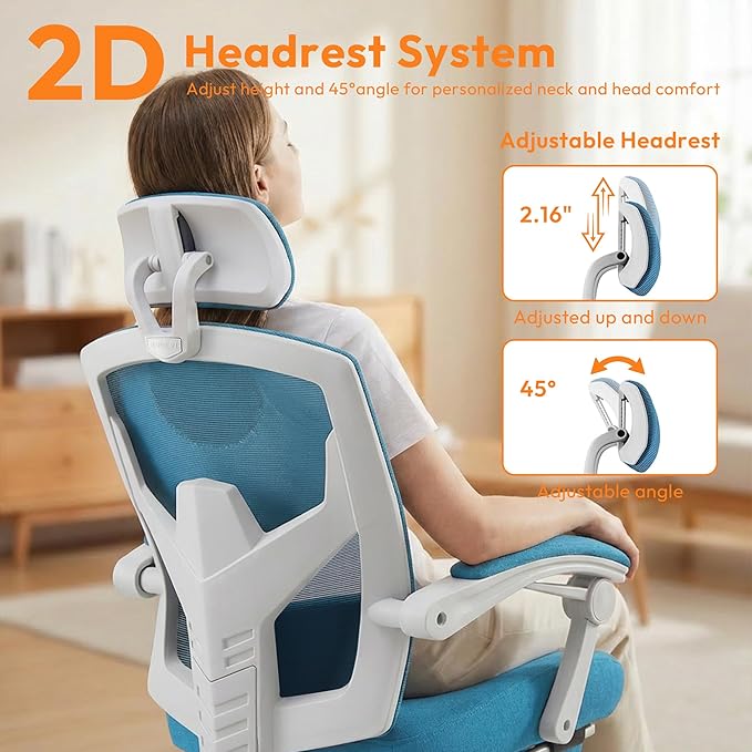 Ergonomic Desk Chair, High Back Office Chair with Wheels and Arms, Computer Chair with Footrest, Swivel Reclining Gaming Chair with Headrest, Comfy Armrest for Home, Office, Work, Study, Blue