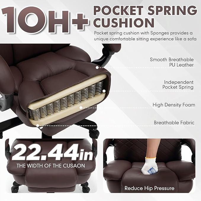 400lbs Reclining Office Chair with Footrest, PU Leather Big and Tall Heavy Duty Ergonomic Gaming Chair with Leg Rest, Brown