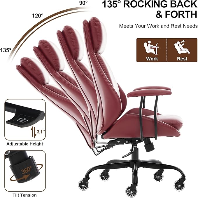 E-Motie Office Chair, Leather Desk Chair with Rubber Wheels, Ergonomic Computer Chair 500 LBS with Lumbar Support, High Back Executive Chair for Modern Home Office, Red