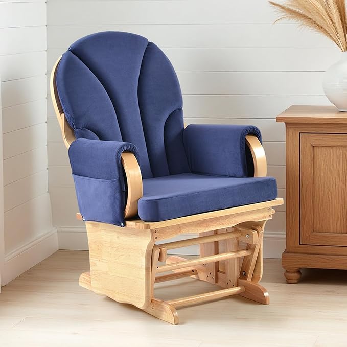 Solid Wood Glider Gentle Rocking Chair, Stylish Modern Glider Rocker with Padded Cushion, Smooth Rocking Motion Indoor Living Room Reading,Watching,Sleeping, Wood Color+Blue